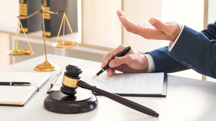 Male lawyer or judge consult with client check contract papers recommend legal proposals, Law...