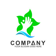 human care logo, healthy people icon, vector logo of hand with happy people and leaf