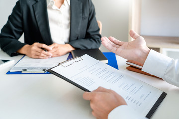 Job interview, Corporate business Employer or recruiter around the table during interviewing recruitment process concept.