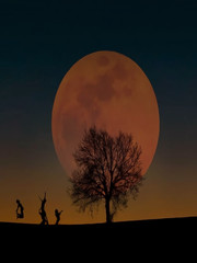 Children playing under the moon