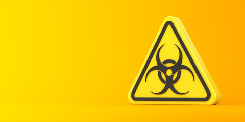 Biohazard warning sign yellow on a yellow background. 3d render illustration.