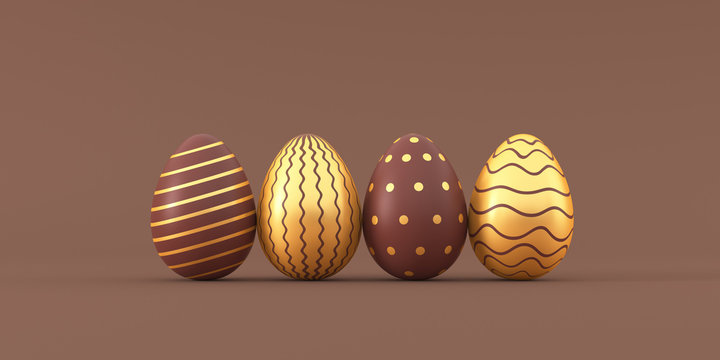 Set of chocolate easter eggs with golden patterns on beige background. 3d render illustration.
