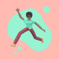 Fototapeta na wymiar Positive character in colored clothes on an abstract stain background. A young cheerful African girl runs, dances, jumps, levitates and flies. Funny cartoon people. 3D rendering.