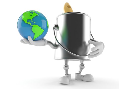 Paint can character holding world globe
