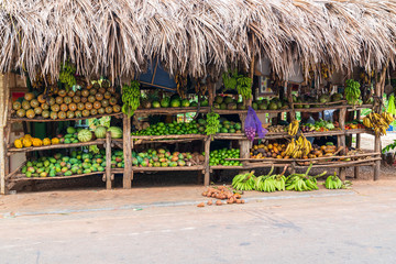 Fruits and vegetables shop on tropical marketplace on the street,Samana peninsula,Dominican...
