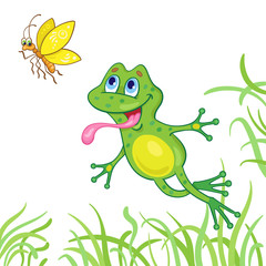 Little green frog is hunting a butterfly. In cartoon style. Isolated on white background. Vector illustration.
