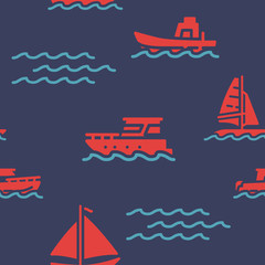 Obraz na płótnie Canvas Sailing ship icons pattern. Marine and nautical seamless background. Summer beach seamless pattern vector illustration