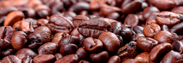 Grains of fresh roasted coffee close-up against a dark background