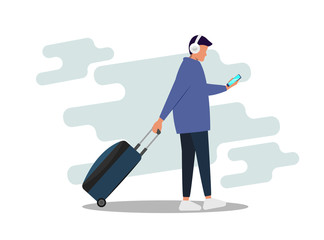 Young business man pulling the luggage busy with mobile phone. Bleisure concept. Work life balance. Digital nomad. Vector flat person with phone and suitcase. Man dressed in casual clothes