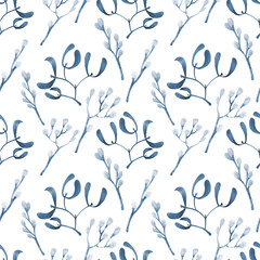 Easter willow seamless pattern watercolor. Hand drawn branches. Easter holiday illustration on white background