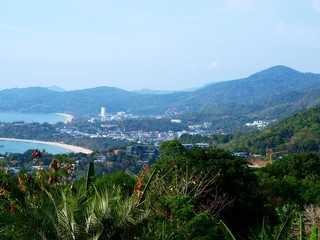 Top panoramic view from the observation point, located in a public park,  to the sea bay with resort beaches