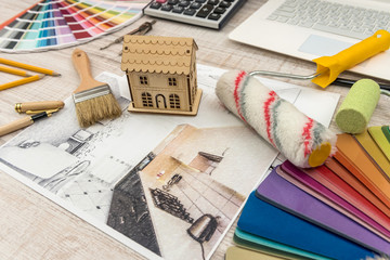 Workplace of architect. sketch architectural project with engineering tools, color sampler  for...