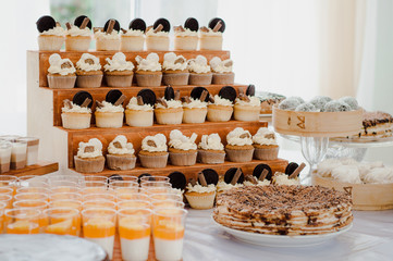 Candy bar. Table with sweets, candies, dessert