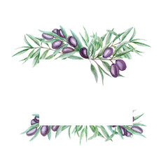 Watercolor black olive tree branch leaves frame, Realistic olives illustration on white background, Hand painted Isolated Border design for invitations, greeting card, poster, label, banner concept.