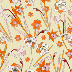 Fototapeta na wymiar Seamless pattern with flowers and leaves of roses, peonies and daffodils. Tropical flowers vector illustration.