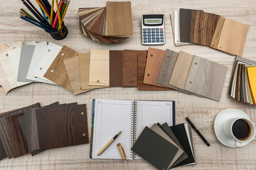 Sample of wood laminated chipboard with empty notepad for furniture design. Architecture and...