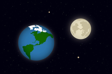 View of planet Earth and Moon from outer space. Vector illustration.