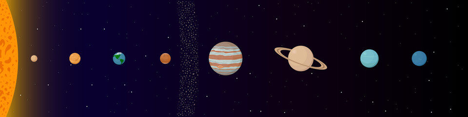 Fototapeta na wymiar Sun, planets and asteroid belt. Vector illustration.