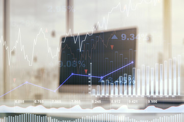 Multi exposure of abstract financial graph on laptop background, financial and trading concept