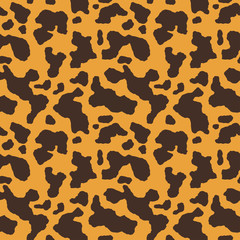 Abstract Leopard pattern. Trendy seamless vector print. Animal texture. Black spots on orange yellow background. Cheetah skin imitation for painted on clothes or fabric.