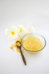 Tao suan,Sweet Soy beans simmered with flour in the glass bowl and coconut milk recipe,wooden spoon white background and isolated with copy space.selective focus.