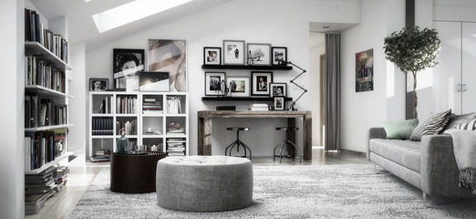 Attic Loft - black and white 3d visualization