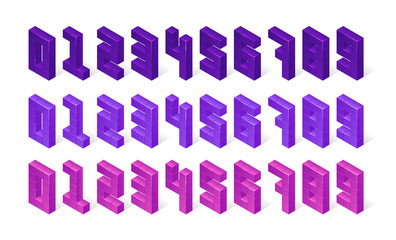 Isometric numbers made of 3d cubes. Purple, violet and pink digits stand in row isolated on white background. Geometric font vector elements, block signs, set of mathematics symbols from zero to nine