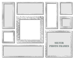 Metal frames set with shadows isolated on white background. Pack of silver luxury realistic square, rectangular borders. Vector illustration