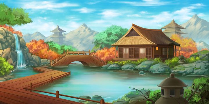 Beautiful Japanese Courtyard Landscape in a Bright Day. Fantasy Backdrop. Concept Art. Realistic Illustration. Video Game Digital CG Artwork Background. Nature Scenery.
