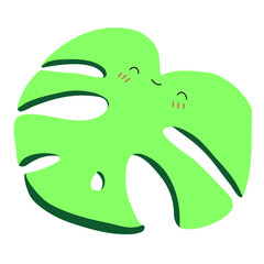 Vector of a doodle of a palm leaf with a pretty smiley face. Kawaii doodle.