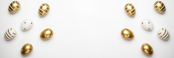 Happy Easter background. Colorful shine decorated eggs isolated on white. For greeting card, promotion, poster, flyer, web-banner, article.