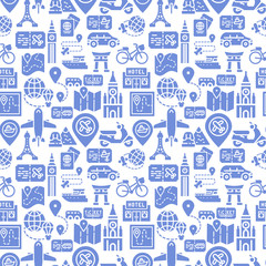 Tourism and travel icons pattern. Travel, holiday vacation, adventure seamless background. Seamless pattern vector illustration