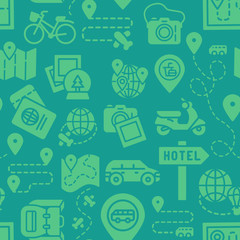 Travel, holiday vacation, adventure icons pattern. Tourism and travel seamless background. Seamless pattern vector illustration