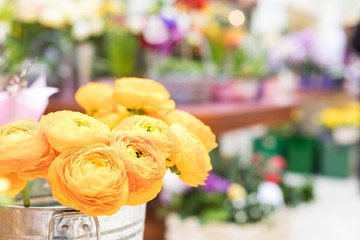 A bouquet of yellow ranunculus in a flower shop. Flowers similar to roses and pions stand in a special bucket of water. Flower shop counter visible