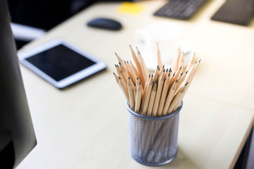 Office desk table with pencils top view,selective of focus