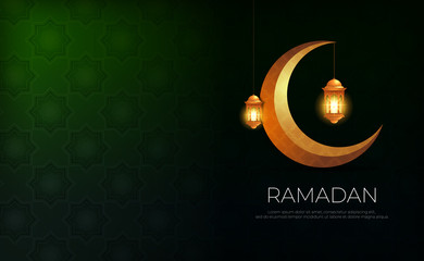 Lantern Hanging Above The Crescent Moon. Ramadan Kareem Islamic Greeting Card Background	