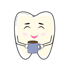 Staining of the teeth. The concept of teeth whitening. Logo, image for dental clinics. Yellow cute tooth with a cup of coffee. Vector illustration.