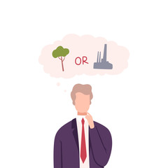 Businessman Trying to Make Decision, Environment or Industry, Guy Thinking about Environmental Protection Flat Vector Illustration