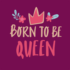 On this day a Queen was born with crown. Happy Birthday text for greeting card. Brush calligraphy isolated on purple background