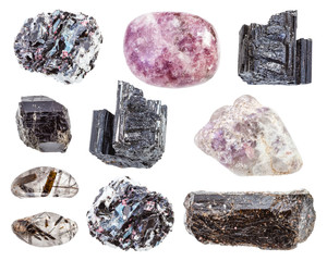 set of tourmaline minerals in rocks isolated