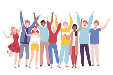 Obraz premium Group of People Standing Together with Raising Hands, Happy Young Men and Women Having Fun or Celebrating Success Flat Vector Illustration