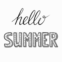 Phrase Hello summer hand drawn lettering. Handwritten text doodle outline for greeting cards, posters, banners, social media template. Stock vector illustration isolated on transparent background.