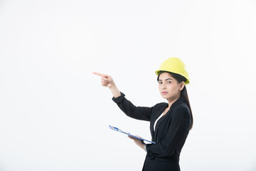 Asian women engineering inspecting and working and holding blueprints and clipboard checking isolated on white background
