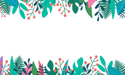 Fototapeta na wymiar Plants and leaves background in flat style with space for text. Forest, garden or jungle backdrop. Foliage banner, spring and summer card design, nature poster. Vector illustration.