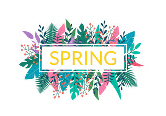 Spring floral banner or logo with leaves and green plants. Leaf and tree branches background for spring season, poster or flyer. Vector illustration.