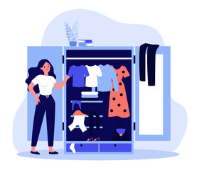 Woman standing near opened closet and looking at dresses flat vector illustration. Pile of clothes laying in wardrobe. Organization and arrangement concept.