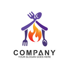 red fire house with spoon and fork logo, food and cooking vector, restaurant logo, home kitchen icon