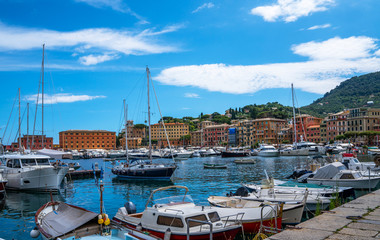 Fantastic summer vacation destination, superb Santa Margareta Luguria mediterranean cityscape with colorful buildings and boats, yachts in the bay. Italy, Europe.