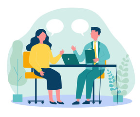 Candidate and HR manager having job interview. Business man and woman meeting at table, talking with speech bubbles. Vector illustration for conversation, career, human resource concept - obrazy, fototapety, plakaty
