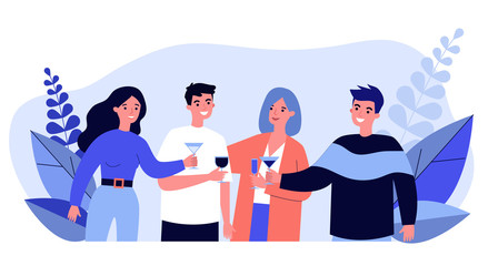 Young friends drinking cocktails at party flat vector illustration. Happy teenager characters smiling, rousing cheers together and celebrating. Alcohol drink and friendship concept